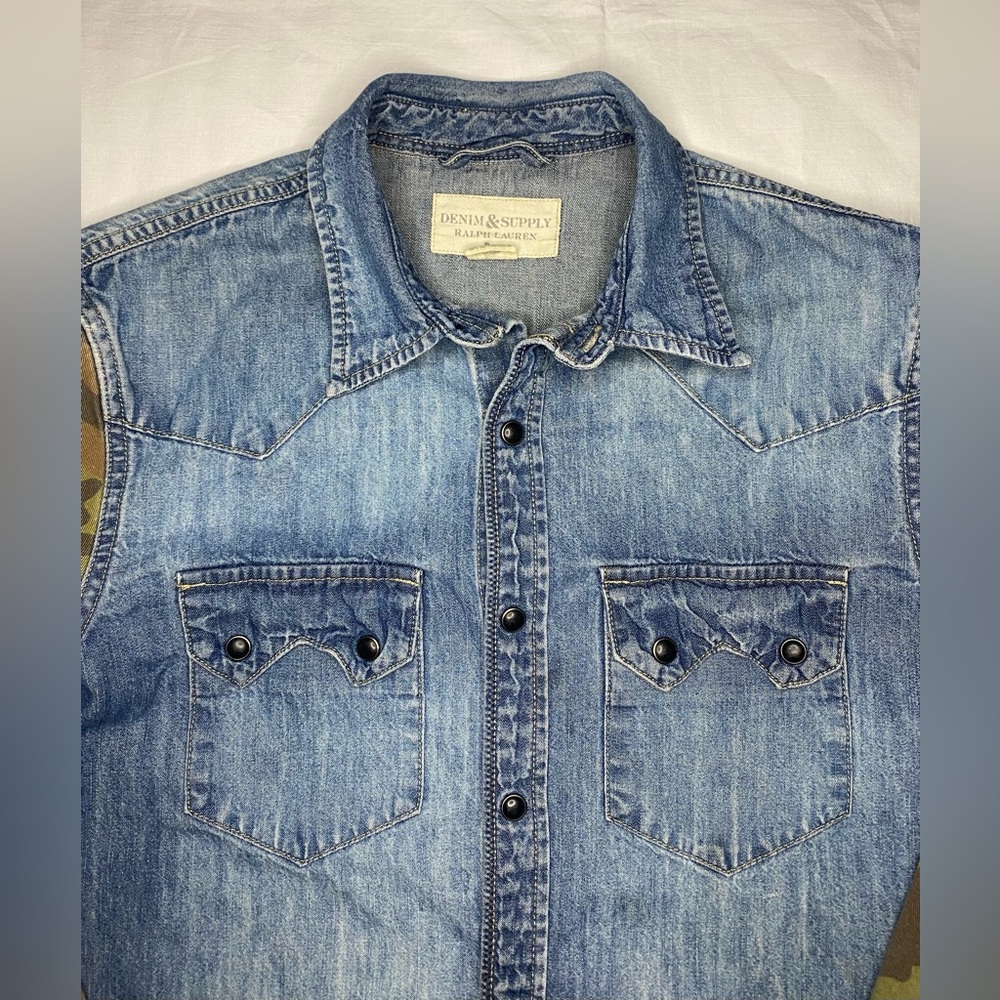Ralph Lauren Denim Supply Shirt Mens Small Denim Camo Sleeve Pearl Snap Western - Picture 5 of 8